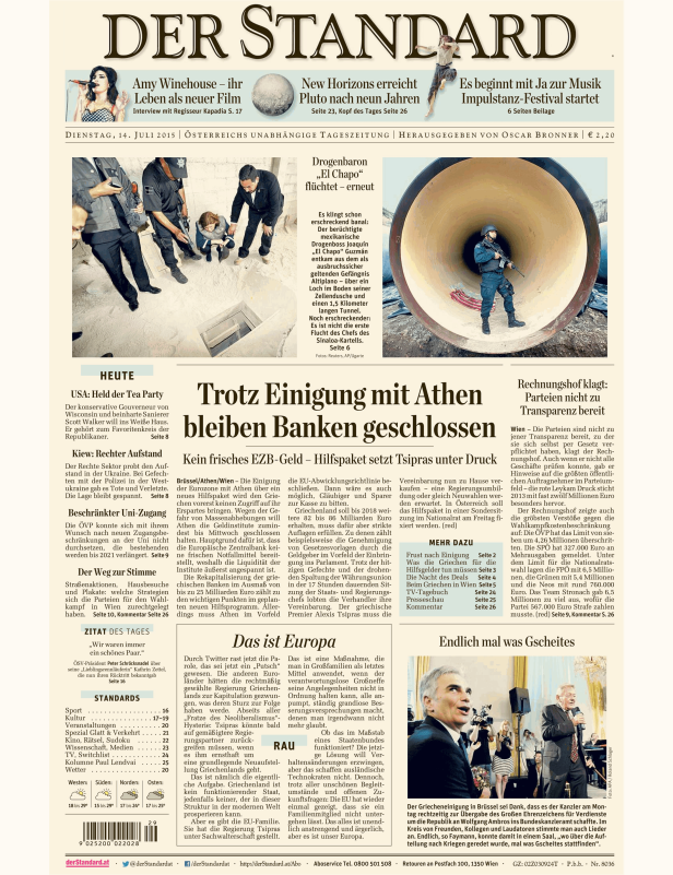 Titelseite der Zeitung „Der Standard“ vom 14. Juli 2015.