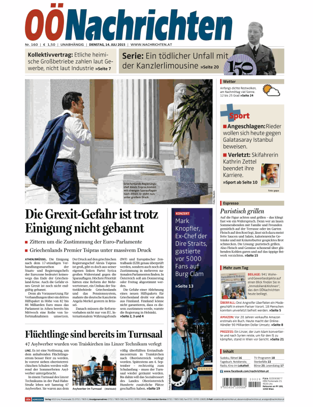 Titelseite der OÖNachrichten vom 14. Juli 2015 mit Artikeln zu Grexit, Flüchtlingen und Mark Knopfler.