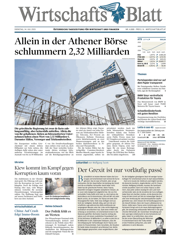 Titelseite des Wirtschaftsblatt vom 14. Juli 2015 mit der Schlagzeile „Allein in der Athener Börse schlummern 2,32 Milliarden“.