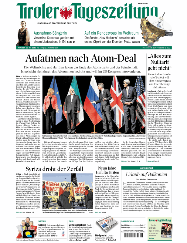 Titelseite der Tiroler Tageszeitung vom 15. Juli 2015 mit dem Titel „Aufatmen nach Atom-Deal“.