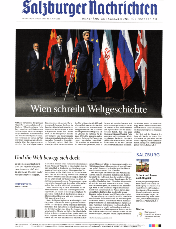 John Kerry, Philip Hammond und Dschawad Sarif bei einer Pressekonferenz zum Atomabkommen mit dem Iran.