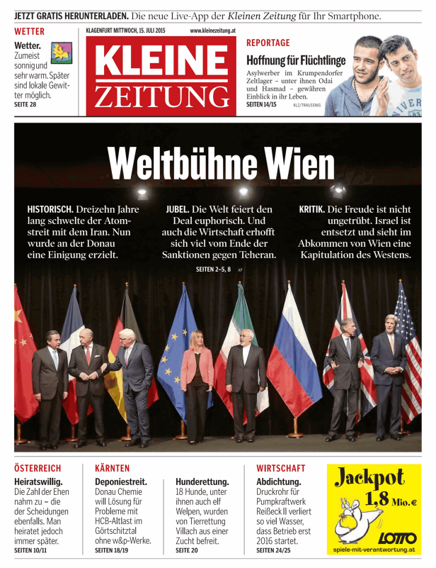 Mehrere Politiker stehen vor Flaggen verschiedener Nationen, darunter die EU, Iran, USA und Deutschland.