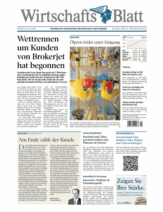 Titelseite des Wirtschaftsblatt vom 15. Juli 2015.