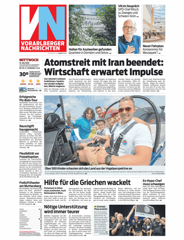 Eine Zeitungsseite der Vorarlberger Nachrichten vom 15. Juli 2015.