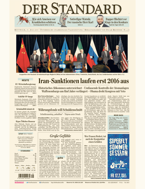 Gruppenfoto der Außenminister Chinas, Frankreichs, Deutschlands, des Iran, Großbritanniens und der USA mit EU-Außenbeauftragte Mogherini.