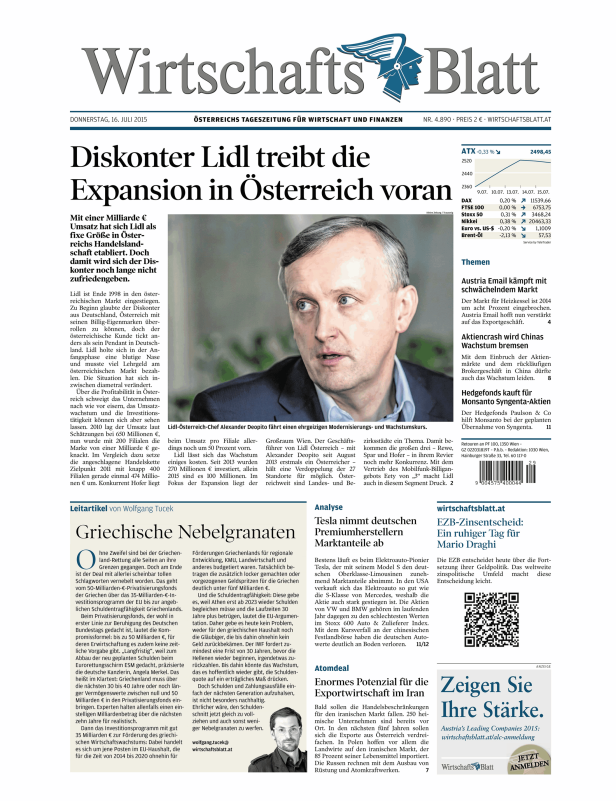 Titelseite des Wirtschaftsblatt vom 16. Juli 2015 mit dem Titel „Diskonter Lidl treibt die Expansion in Österreich voran.“