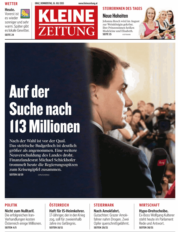 Titelseite der Kleinen Zeitung vom 16. Juli 2015 mit dem Titel „Auf der Suche nach 113 Millionen“.