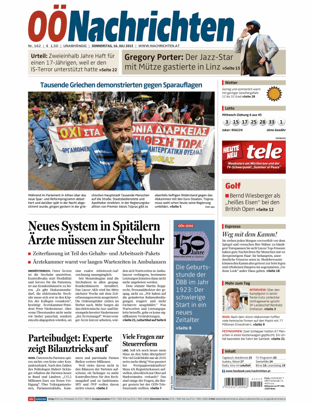 Tausende Griechen demonstrieren auf der Titelseite der OÖNachrichten gegen Sparauflagen.