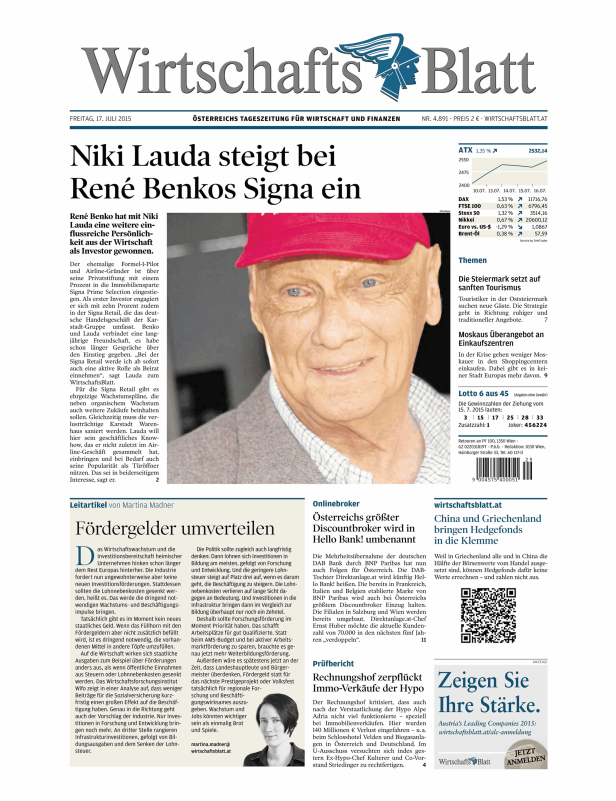 Niki Lauda auf der Titelseite des Wirtschaftsblatts über seinen Einstieg bei René Benkos Signa.
