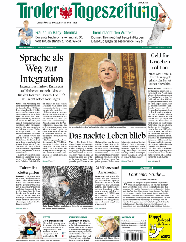 Titelseite der Tiroler Tageszeitung vom 17. Juli 2015.