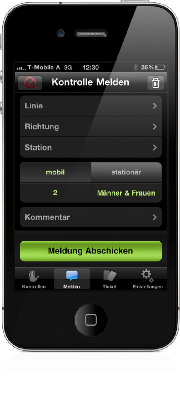 Schwarzkappler-App - iPhone - Kontrolle - Tailored Apps Ein iPhone-Bildschirm zeigt die Benutzeroberfläche einer App zur Meldung von Fahrkartenkontrollen.