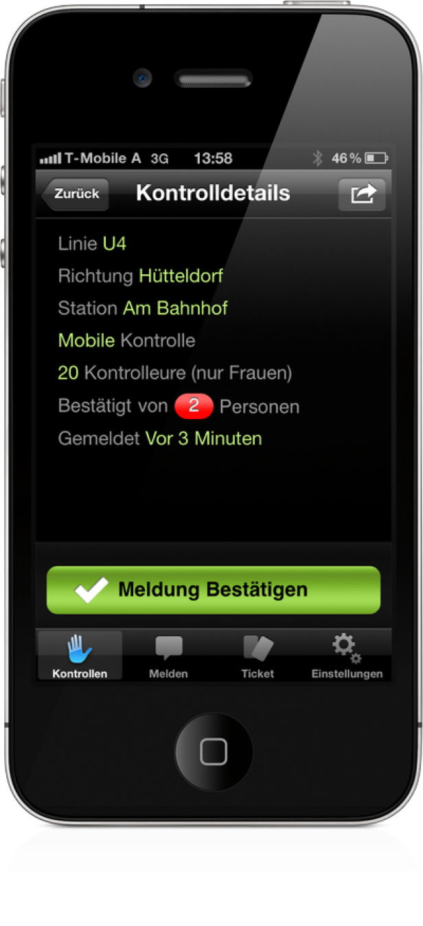 Schwarzkappler-App - iPhone - Meldung bestätigen - Tailored Apps Ein iPhone-Screenshot der „Kontrolldetails“-App, die eine U4-Kontrolle Richtung Hütteldorf am Bahnhof anzeigt.
