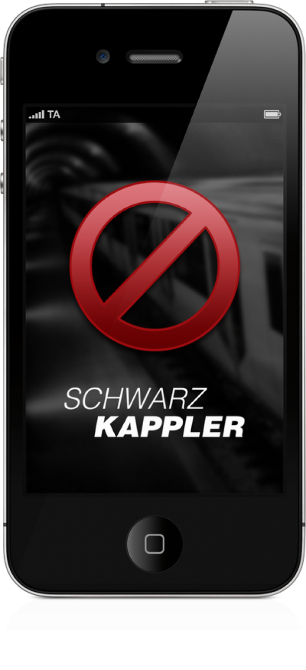 Schwarzkappler-App - iPhone - Splash - Tailored Apps Auf dem Bildschirm eines iPhones ist ein rotes Verbotszeichen über dem Schriftzug „Schwarz Kappler“ zu sehen.