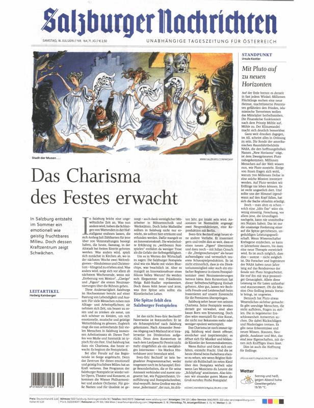 Karikatur in einer Zeitung zeigt Festspielfiguren vor der Salzburger Skyline.