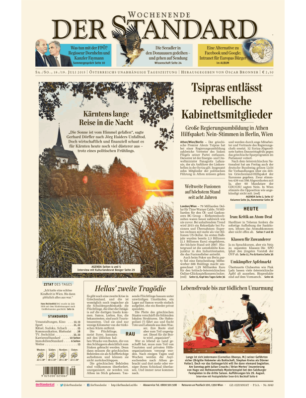 Titelseite der Zeitung „Der Standard“ vom 18./19. Juli 2015.