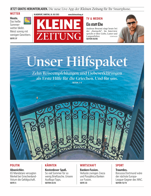 Blick von einem Balkon auf das Meer, Titelthema der „Kleinen Zeitung“.
