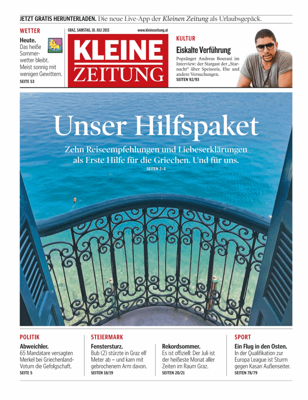 Blick von einem Balkon auf das Meer, Titelseite der Kleinen Zeitung.