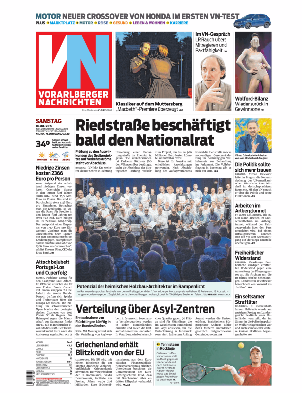 Titelseite der Vorarlberger Nachrichten vom 18. Juli 2015.
