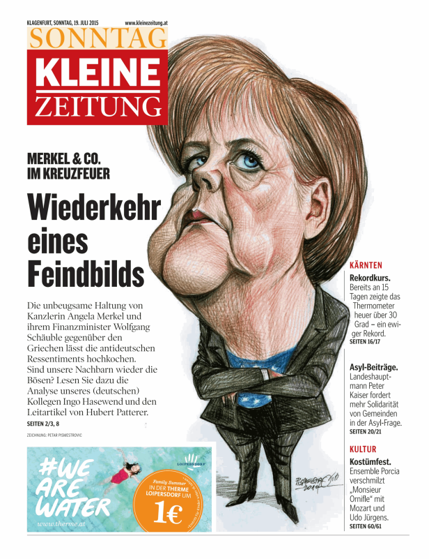Karikatur von Angela Merkel auf der Titelseite der „Kleinen Zeitung“.