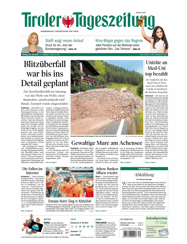 Titelseite der Tiroler Tageszeitung vom 20. Juli 2015.