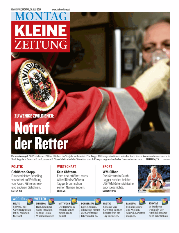 Titelseite der „Kleinen Zeitung“ vom 20. Juli 2015 mit dem Aufmacher „Notruf der Retter“.