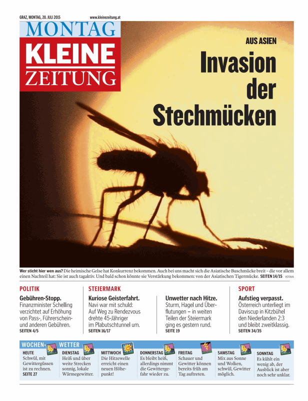 Titelseite der Kleinen Zeitung vom 20. Juli 2015 mit dem Titel „Invasion der Stechmücken“.