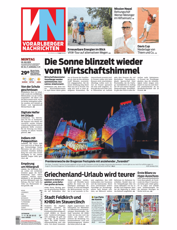 Titelseite der Vorarlberger Nachrichten vom 20. Juli 2015 mit Artikeln zu Wirtschaft, Griechenland und Sport.