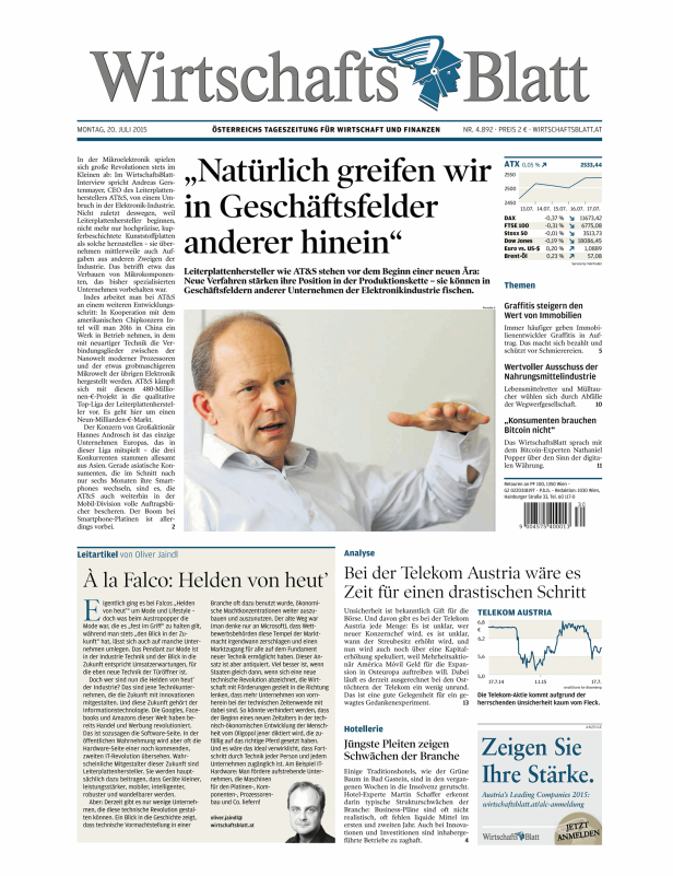 Titelseite des WirtschaftsBlatt vom 20. Juli 2015 mit Artikeln zu Wirtschaft und Finanzen.
