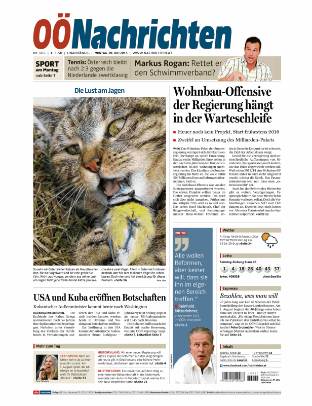 Eine Katze mit einer erbeuteten Blaumeise auf der Titelseite der OÖNachrichten.