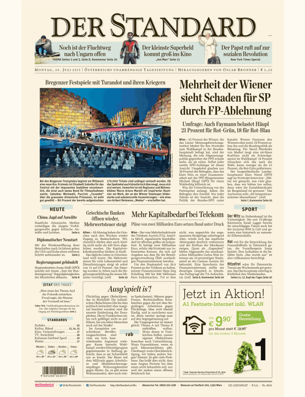 Titelseite der Zeitung „Der Standard“ vom 20. Juli 2015.