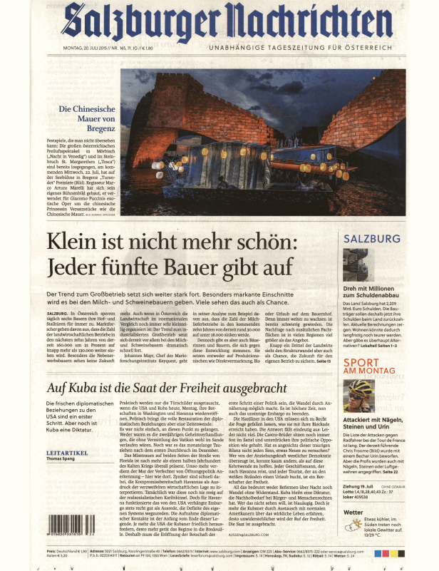 Titelseite der Salzburger Nachrichten vom 20. Juli 2015.