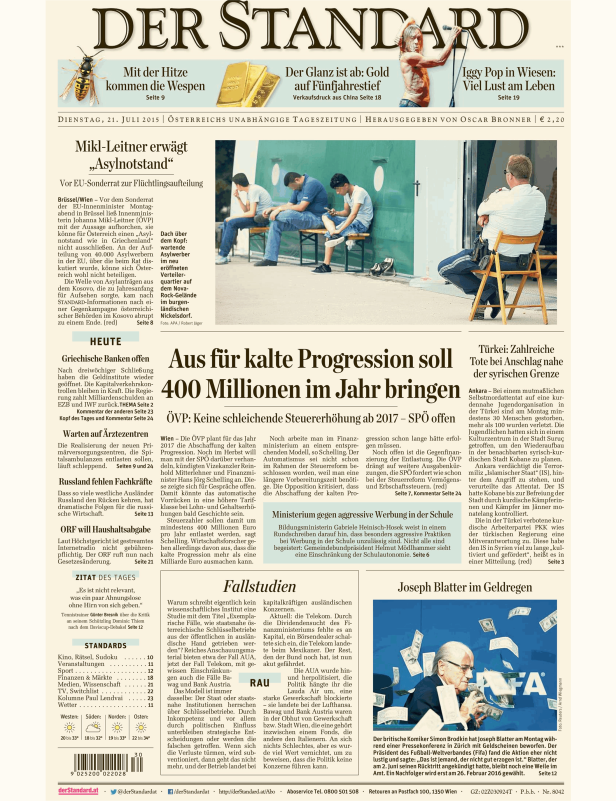 Titelseite der Zeitung Der Standard vom 21. Juli 2015.