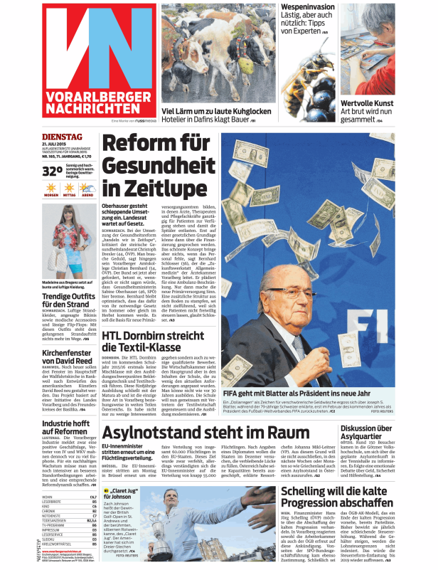 Titelseite der Vorarlberger Nachrichten vom 21. Juli 2015.