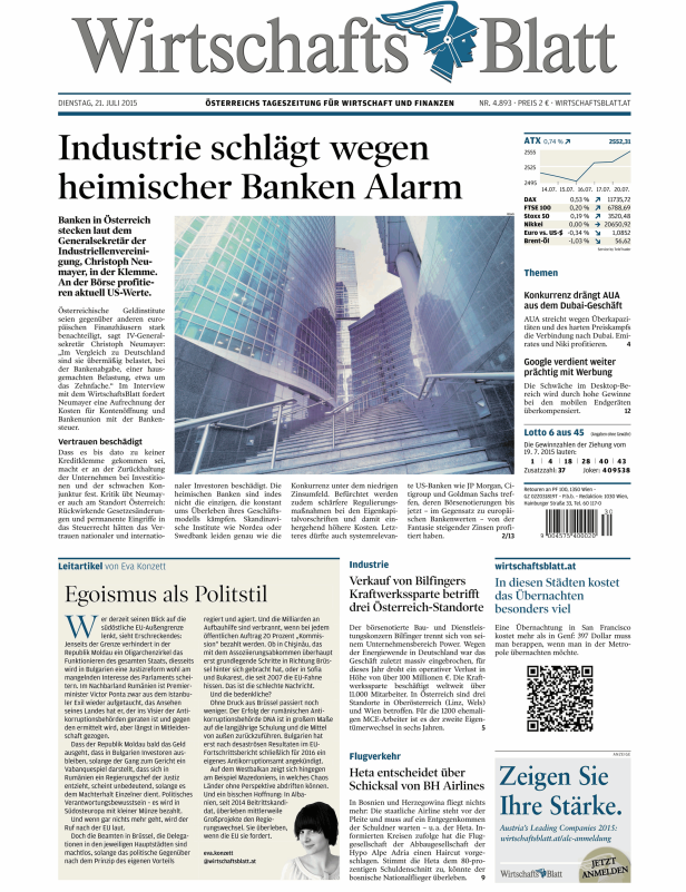 Titelseite des WirtschaftsBlatt vom 21. Juli 2015.