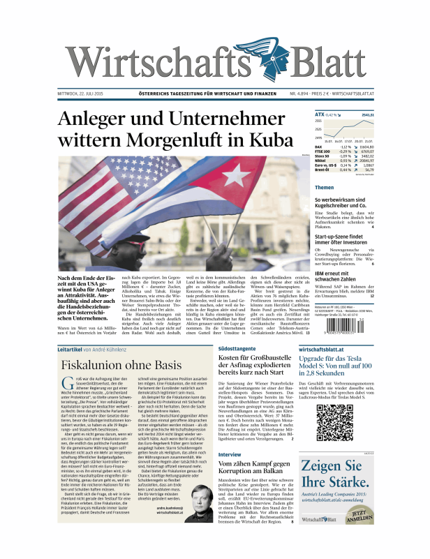 Titelseite des „WirtschaftsBlatt“ vom 22. Juli 2015 mit dem Titel: „Anleger und Unternehmer wittern Morgenluft in Kuba“.