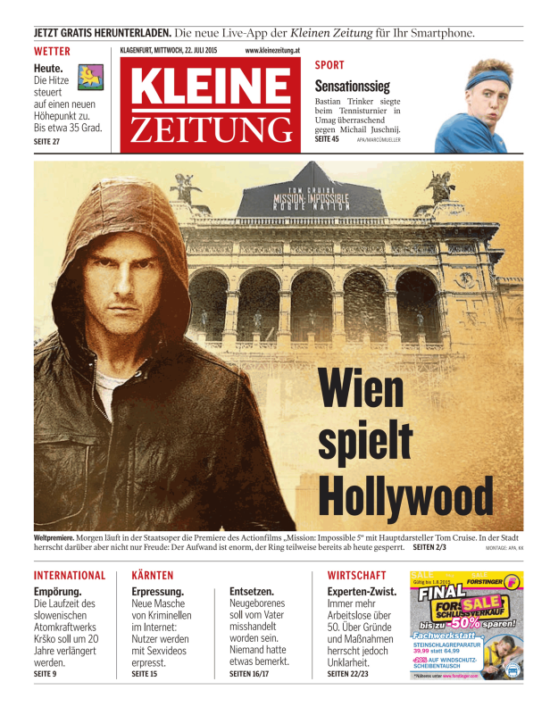 Tom Cruise vor der Wiener Staatsoper für den Film „Mission: Impossible – Rogue Nation“.