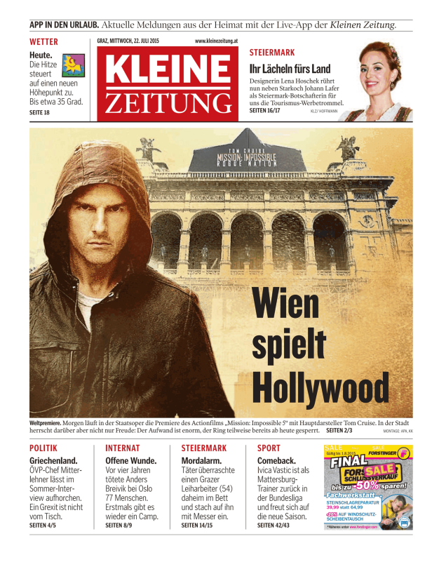 Titelseite der Kleinen Zeitung mit Tom Cruise und dem Film „Mission: Impossible – Rogue Nation“.
