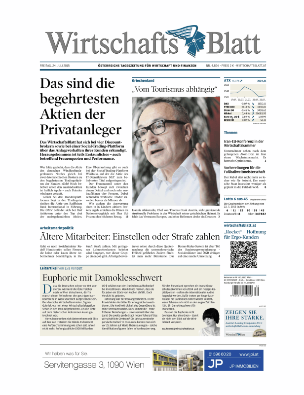 Titelseite des Wirtschaftsblatt vom 24. Juli 2015.