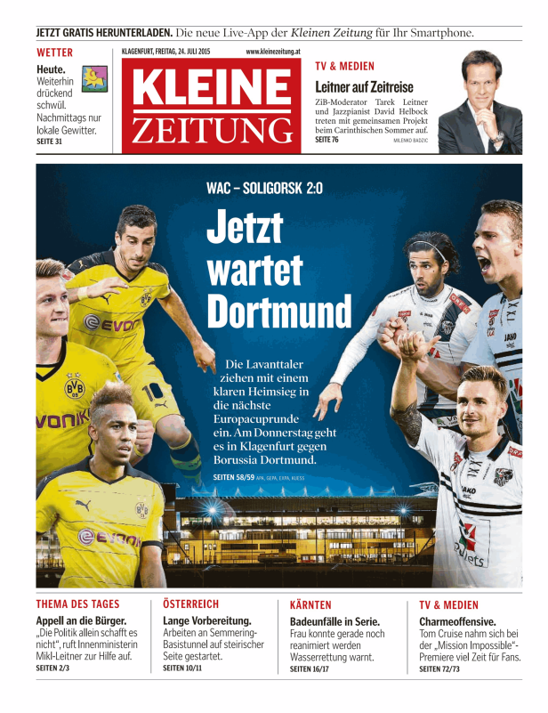 Titelseite der Kleinen Zeitung vom 24. Juli 2015 mit einem Bericht über das Fußballspiel WAC gegen Borussia Dortmund.