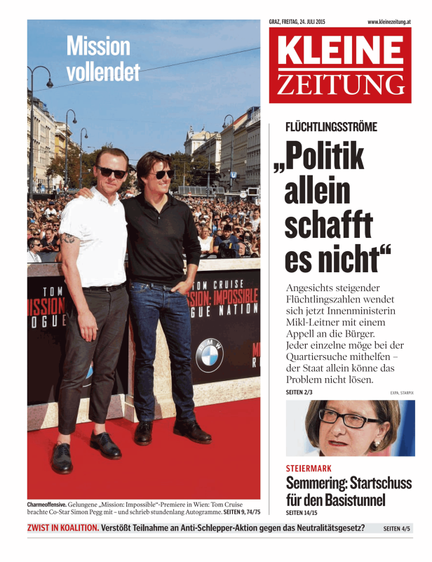 Tom Cruise und Simon Pegg bei der Premiere von „Mission: Impossible“ in Wien.