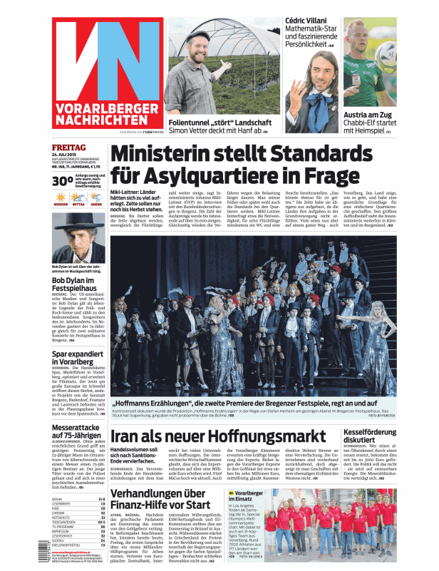Titelseite der Vorarlberger Nachrichten vom 24. Juli 2015.