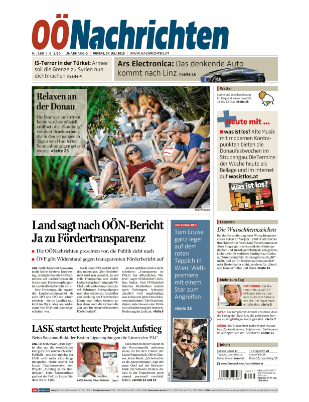 Titelseite der OÖNachrichten vom 24. Juli 2015 mit Artikeln zu verschiedenen Themen.