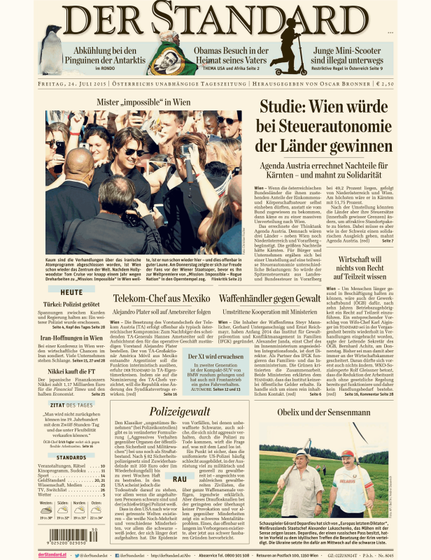 Titelseite des „Der Standard“ vom 24. Juli 2015 mit Meldungen zu verschiedenen Themen.