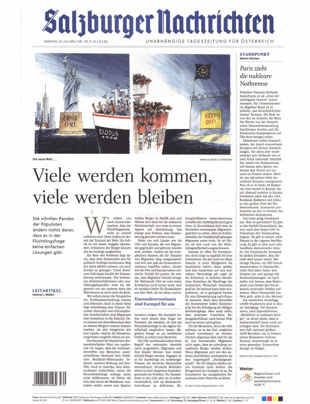 Eine Karikatur zum Thema Einwanderung mit Schiffen und der Freiheitsstatue.