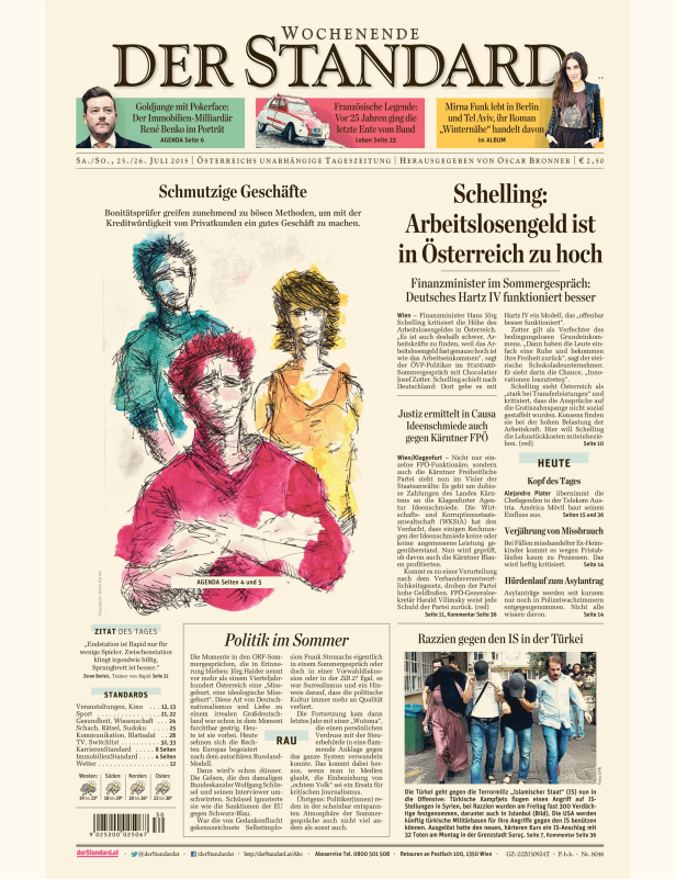 Eine Illustration zeigt mehrere Personen in skizzenhaftem Stil, vermutlich zu einem Artikel über Wirtschaft oder Politik.
