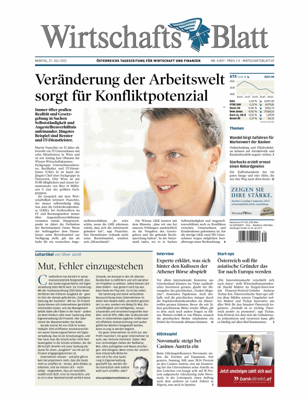 Titelseite des Wirtschaftsblatt vom 27. Juli 2015 mit Artikeln zu Wirtschaftsthemen.