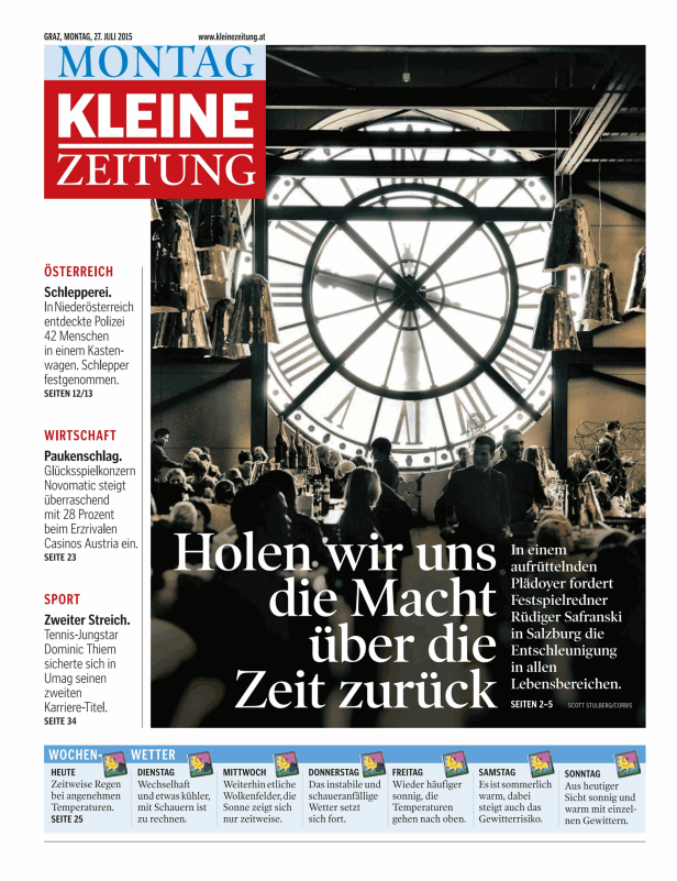 Titelseite der „Kleinen Zeitung“ vom 27. Juli 2015 mit dem Aufmacher „Holen wir uns die Macht über die Zeit zurück“.