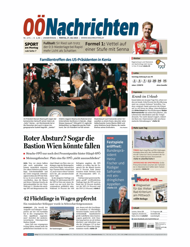 Titelseite der OÖNachrichten vom 27. Juli 2015 mit Barack Obama in Kenia.