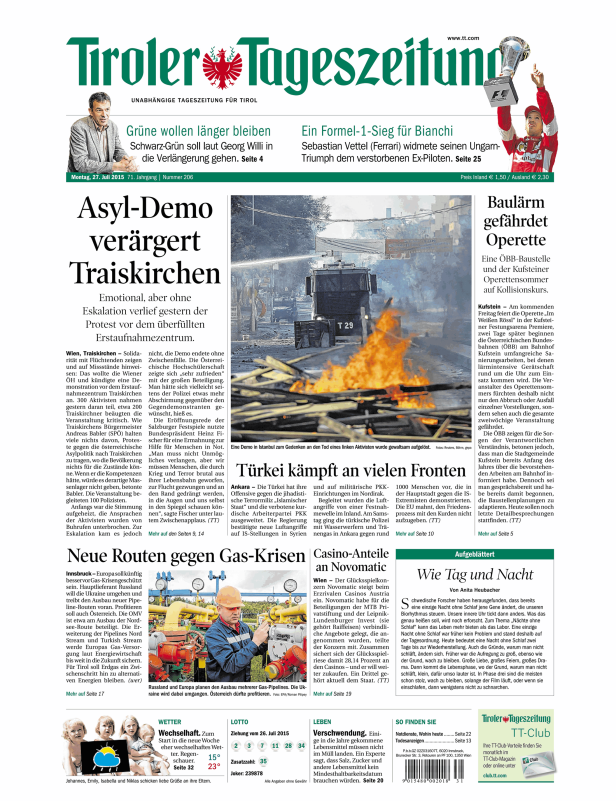 Titelseite der Tiroler Tageszeitung vom 27. Juli 2015.