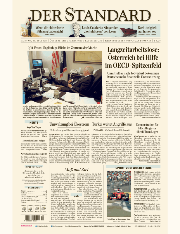 Titelseite der Zeitung „Der Standard“ vom 27. Juli 2015 mit Fotos zum 11. September und Artikeln zu verschiedenen Themen.